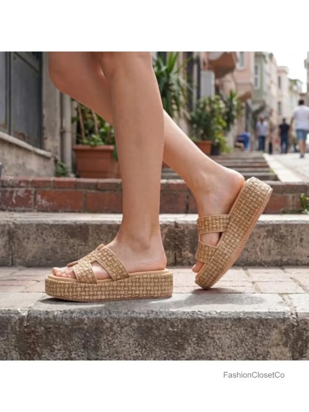 Woven Raffia Espadrille Platform Sandals Slip-On Wedge Slides